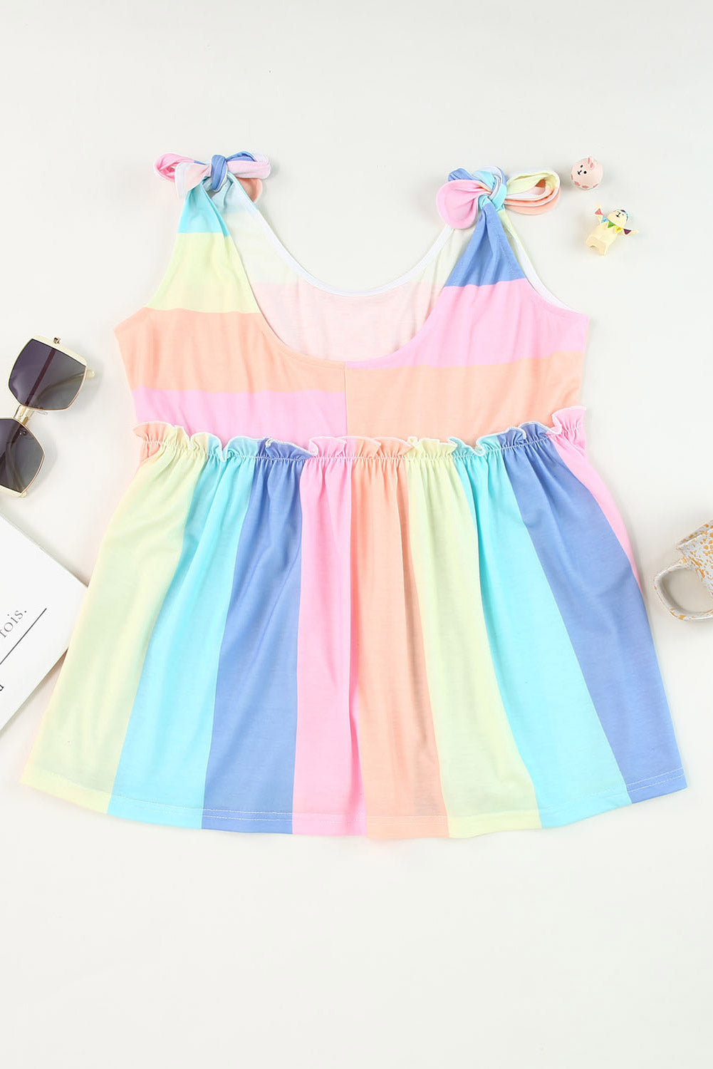 Multicolor Striped Print Tied Shoulder Flowy Sleeveless Shirt