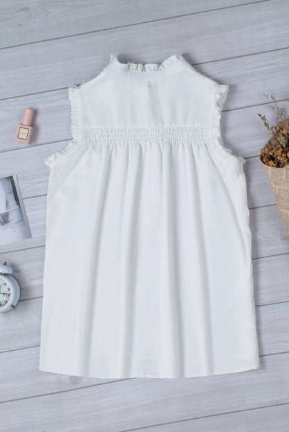 White Smocked Button Front V Neck Sleeveless Shirt