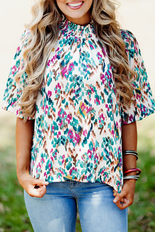 Abstract Print Light Blue Puff Sleeve Mock Neck Blouse