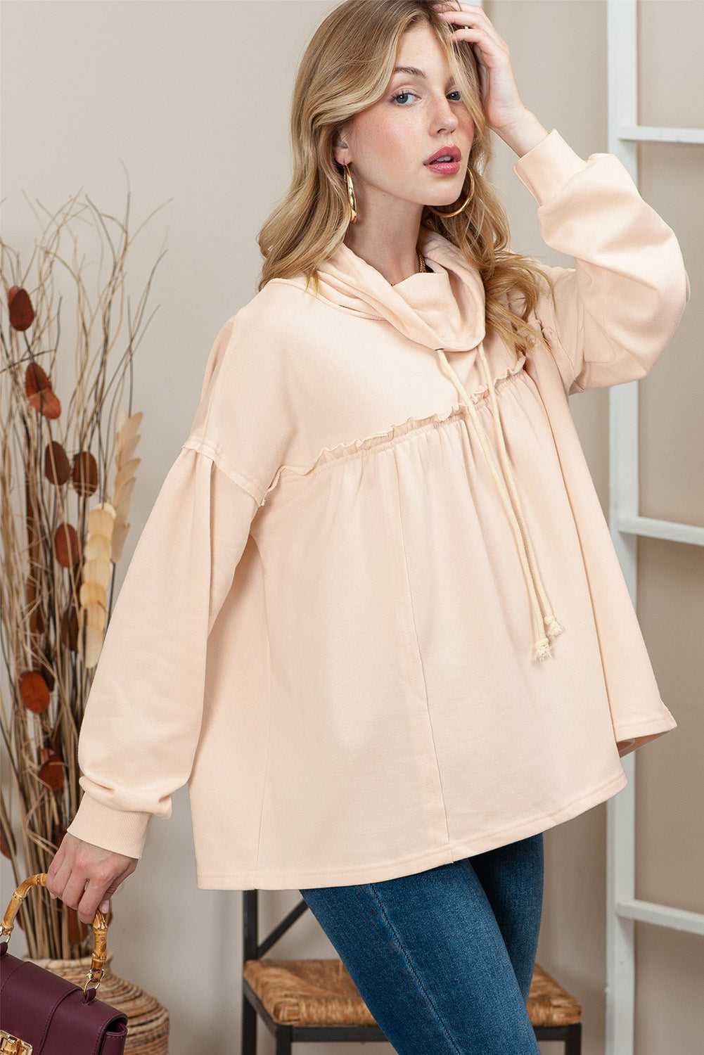 Beige Oversized Cowl Neck Pullover