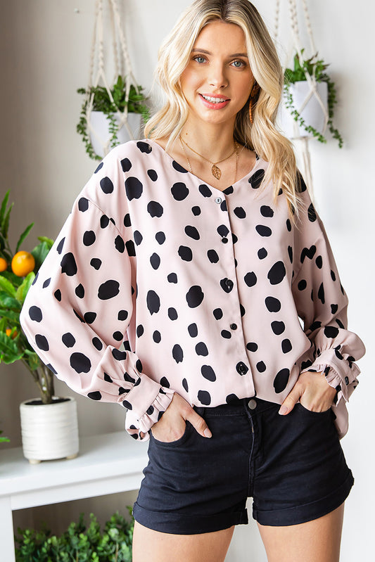 Pink Dot Print Button Frill Cuffs Casual Puff Sleeve Blouse