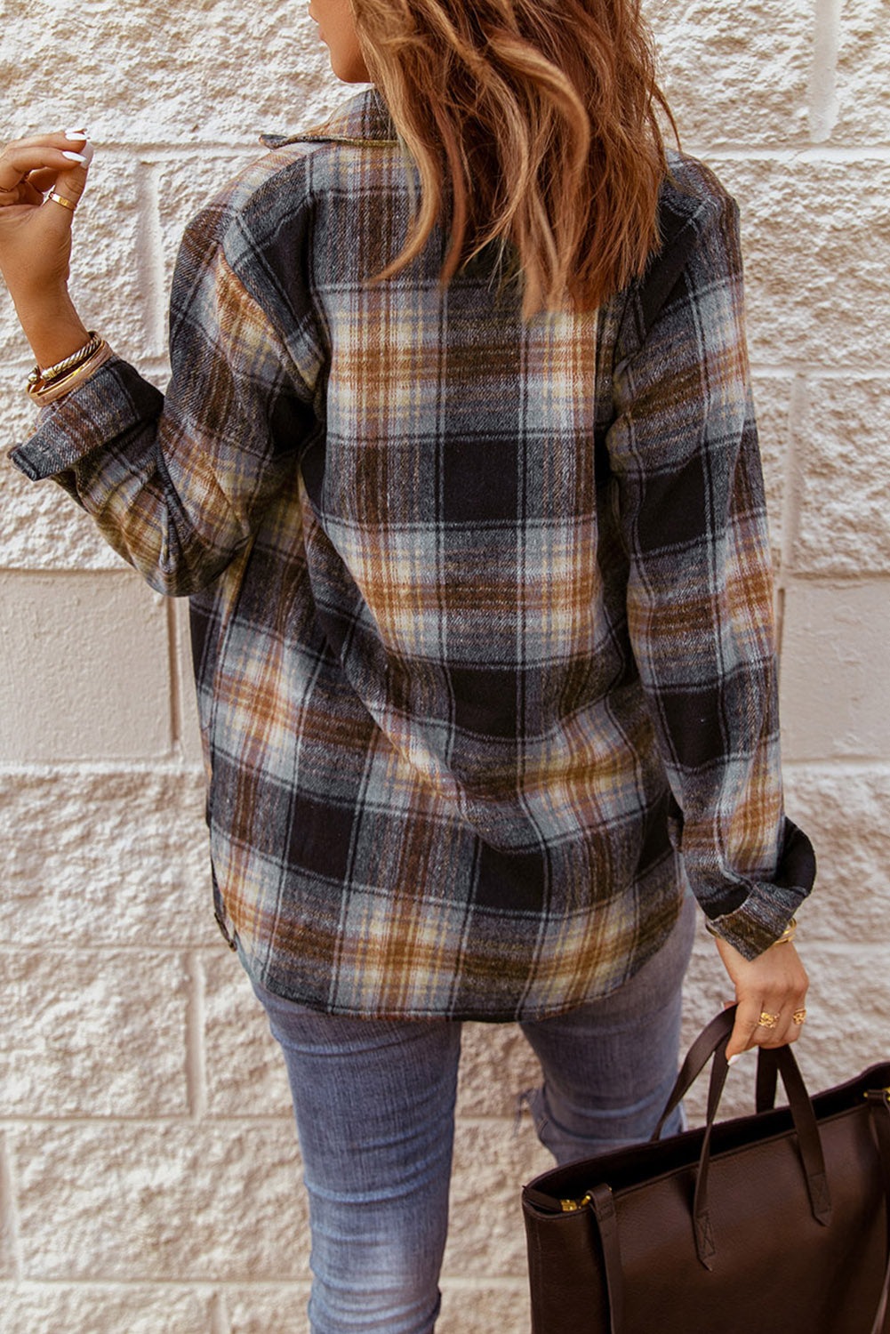 Grey Plaid Collared Split Button Up Shacket