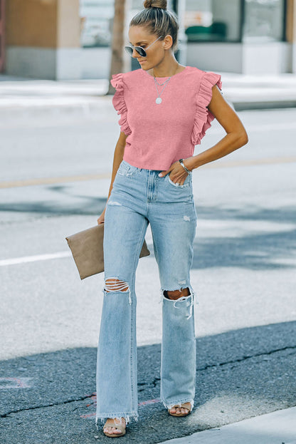 Pink Ruffle Sleeve Crewneck Ribbed Crop Top