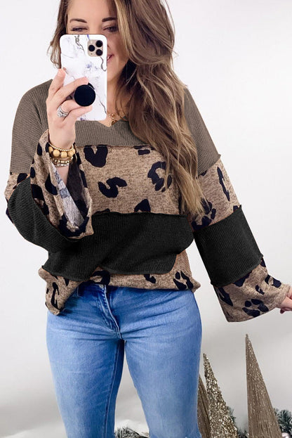 Multicolor Waffle and Leopard Patchwork V Neck Loose Top