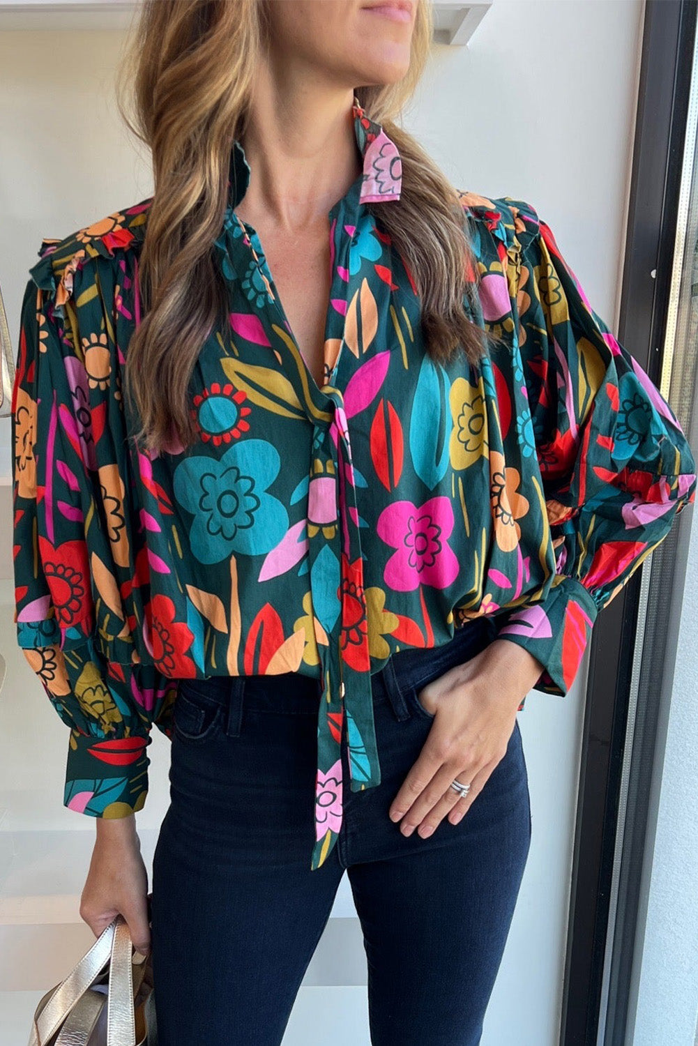 Green Floral Print Knot Split Neck Puff Sleeve Blouse