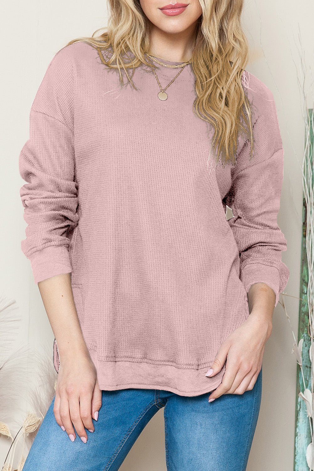 Pink Waffle Knit Crew Neck Casual Long Sleeve Top