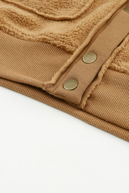 Brown Button Flap Pockets Collared Fleece Jacket