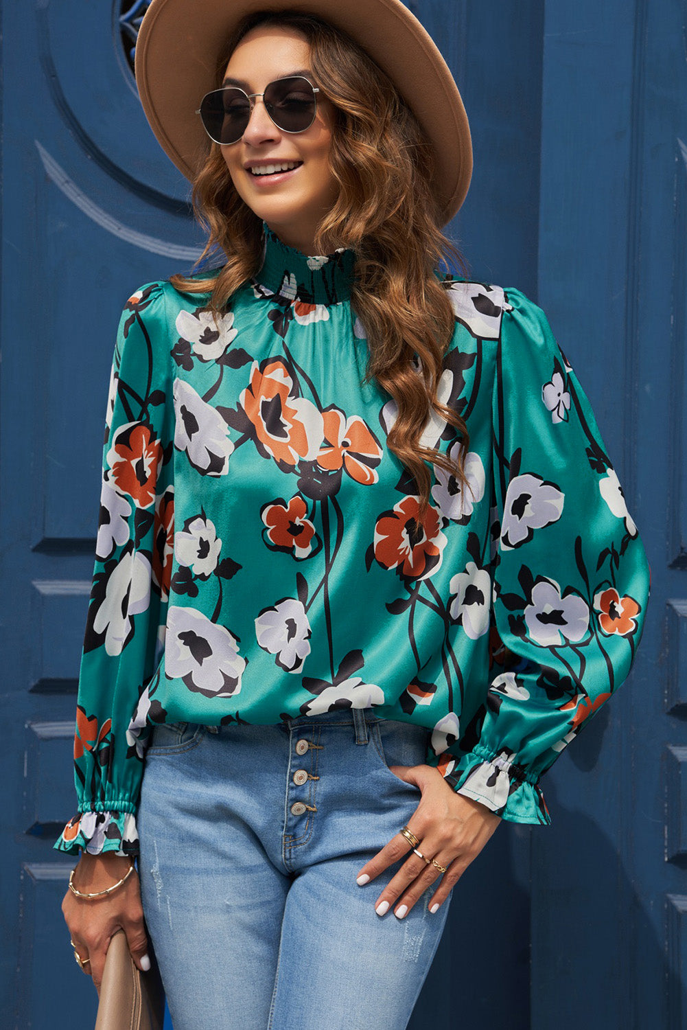 Green Mock Neck Top Floral Print Long Sleeve Silk Blouse