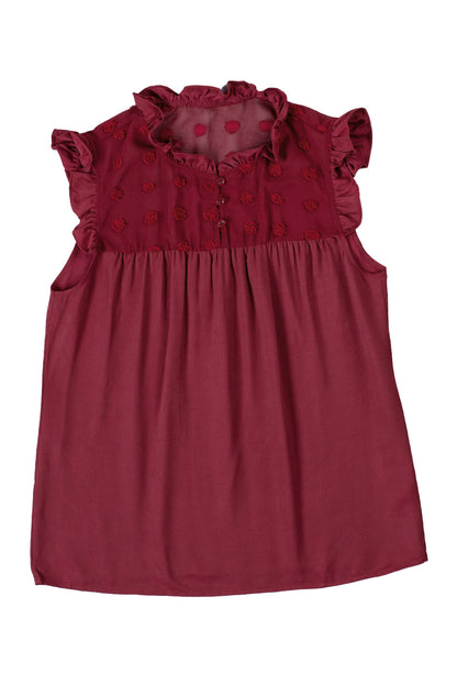 Burgundy Ruffle Trim Swiss Dot Button Closure Sleeveless Shirt