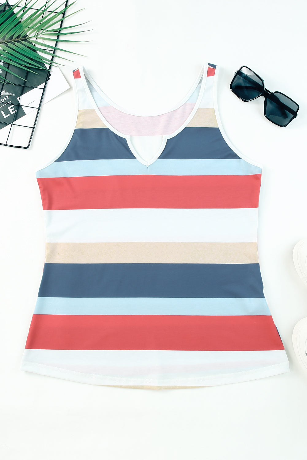 Green Striped Color Block Notched Neck Tank Top