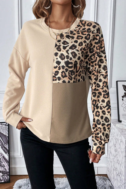 Pale Khaki Waffle Knit Leopard Long Sleeve Top