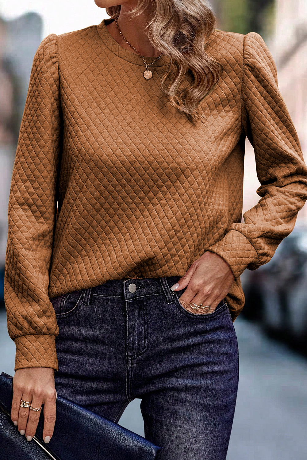 Brown Quilted Puff Sleeve Pullover Sweatshirt