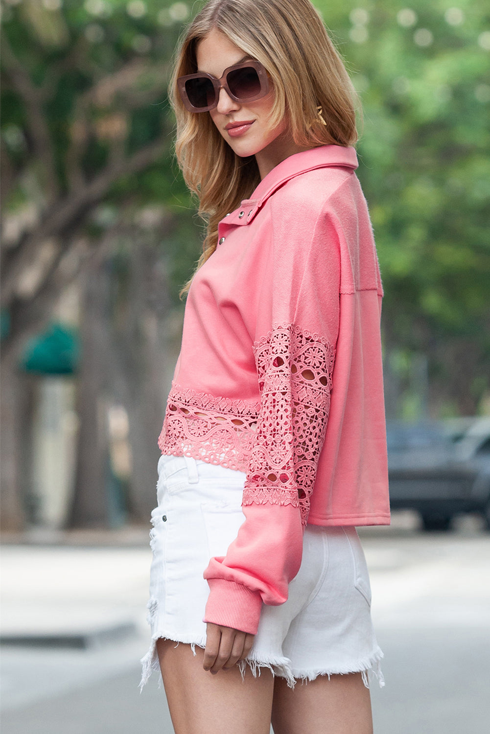 Pink Hollow Embroidery Patchwork Snap Button Sweatshirt