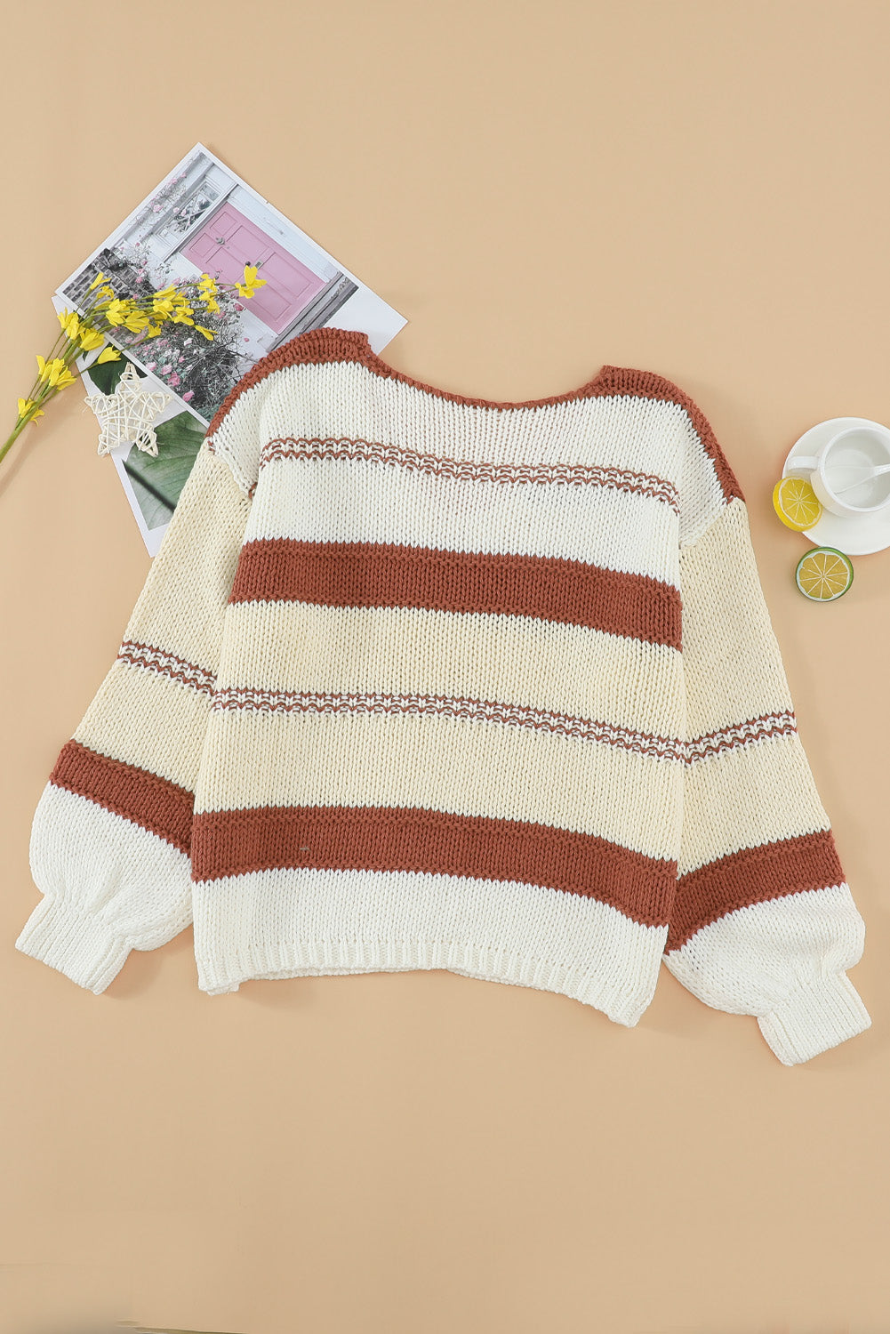 V neck Knitted Lantern Sleeve Pullover Sweater