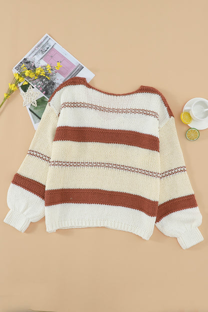 V neck Knitted Lantern Sleeve Pullover Sweater