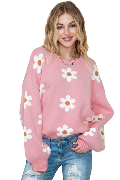 Pink Floral Pattern Drop Shoulder Pullover Knit Sweater