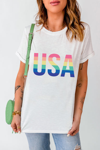 White Casual Colorful USA Letter Graphic Crewneck T Shirt