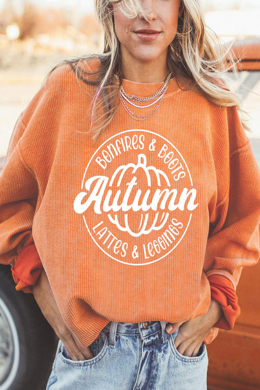 Orange Pumpkin Graphic Print Corded Oversized Sweatshirt