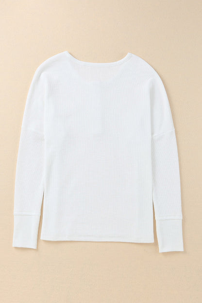 White Casual Waffle Button Front Knit Henley Top