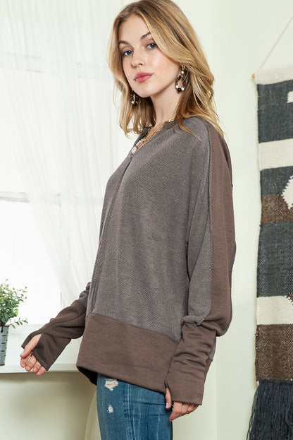 Brown Patchwork Split V Neck Thumblehole Sleeve Top