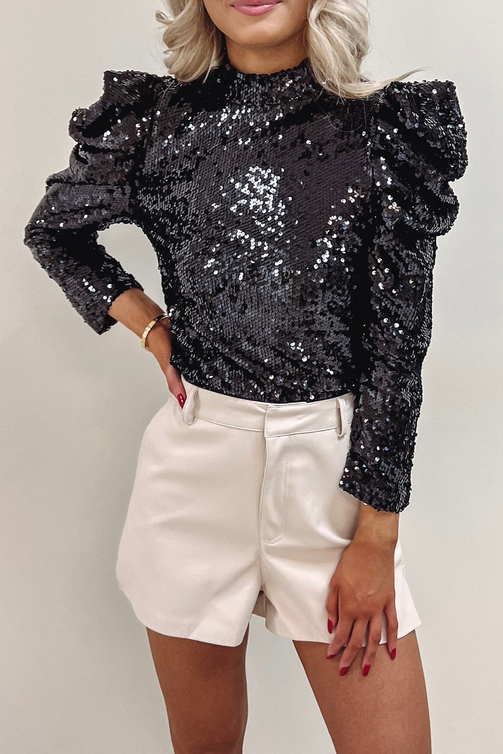 Apricot Sequin Mock Neck Ruched Puff Sleeve Top