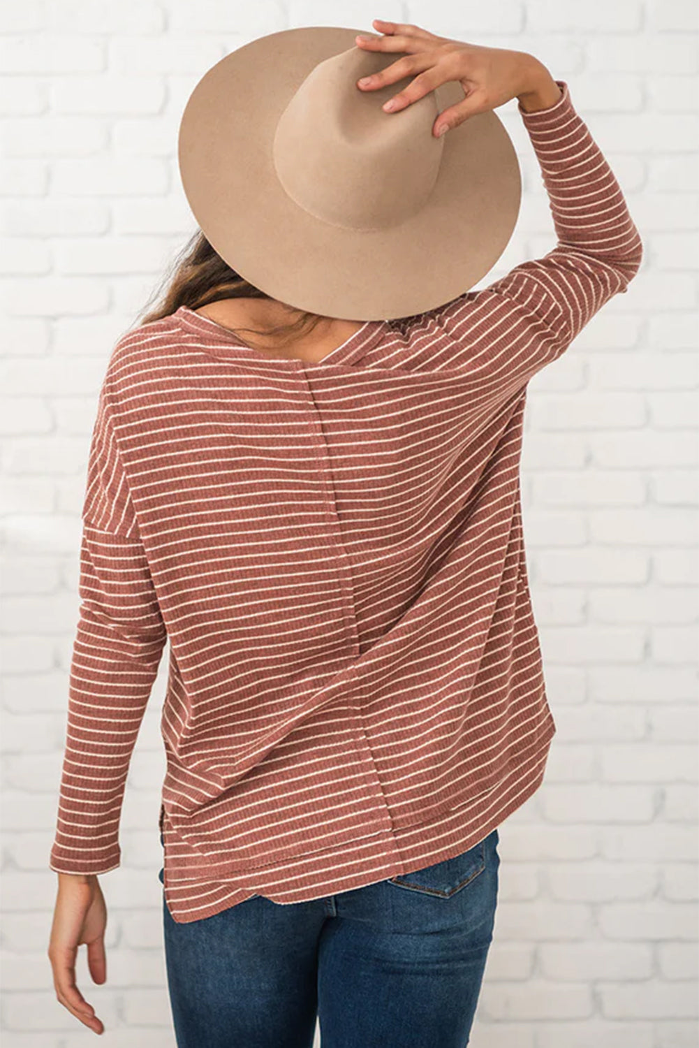 Stripe Side Slits Stitching Patchwork Long Sleeve Top