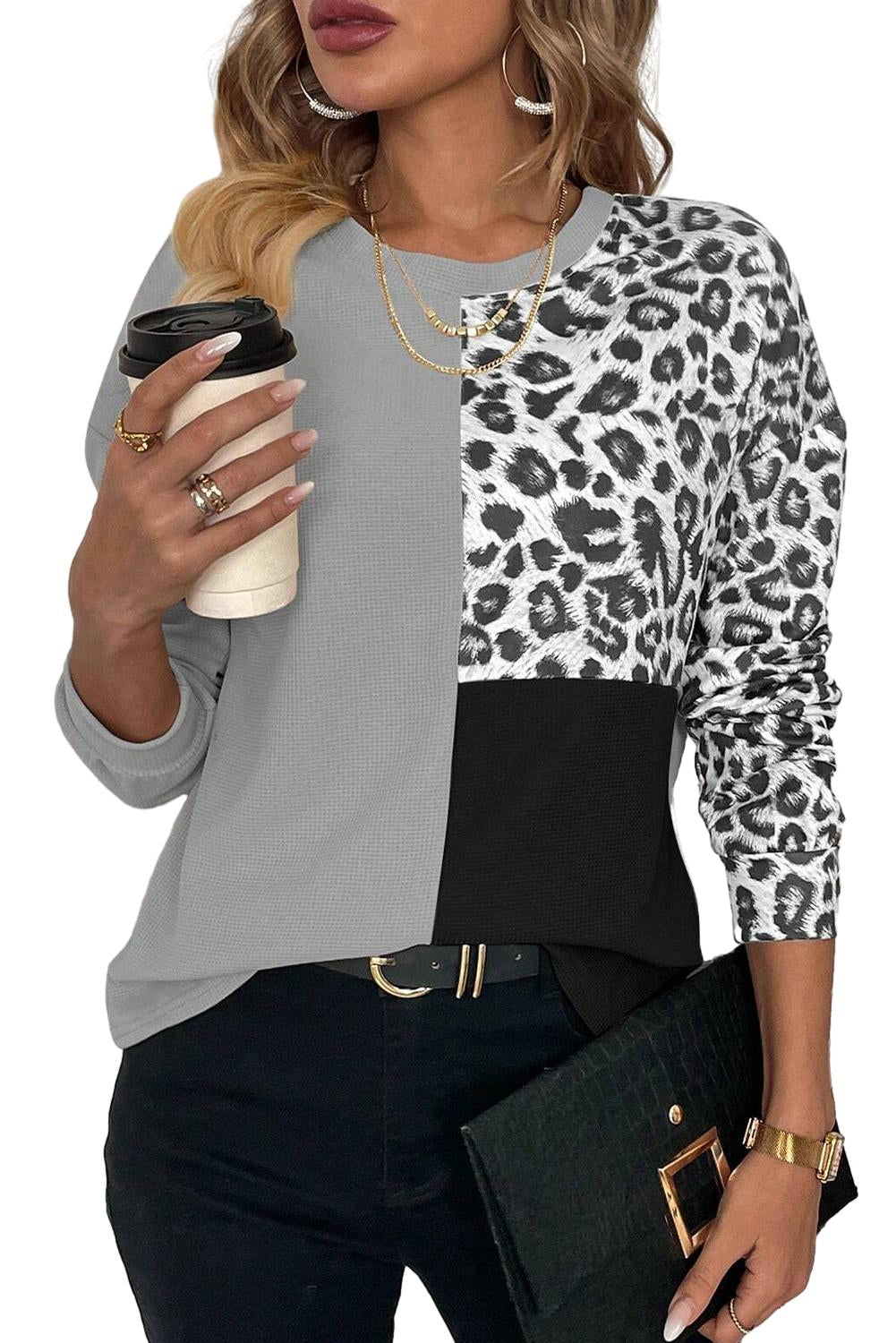 Pale Khaki Waffle Knit Leopard Long Sleeve Top