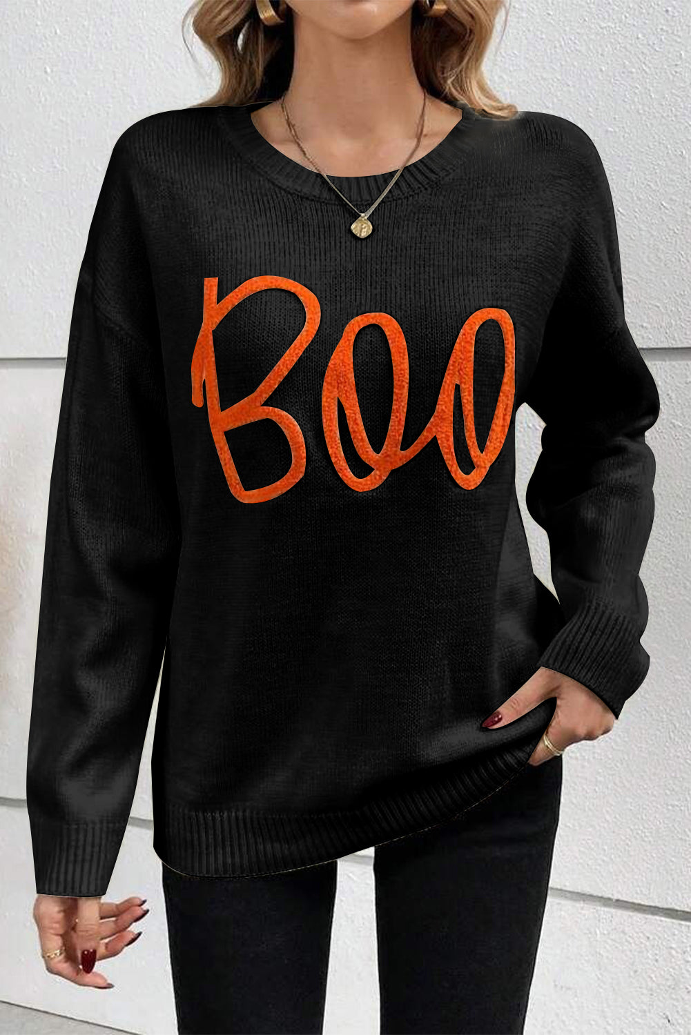 Orange Halloween Boo Drop Shoulder Knit Sweater