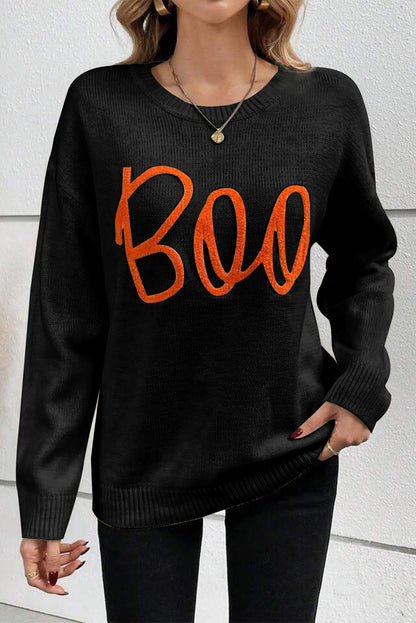 Orange Halloween Boo Drop Shoulder Knit Sweater