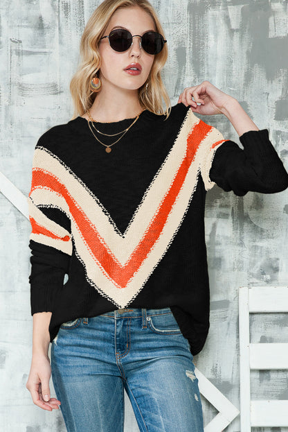 Chevron Striped Drop Shoulder Sweater