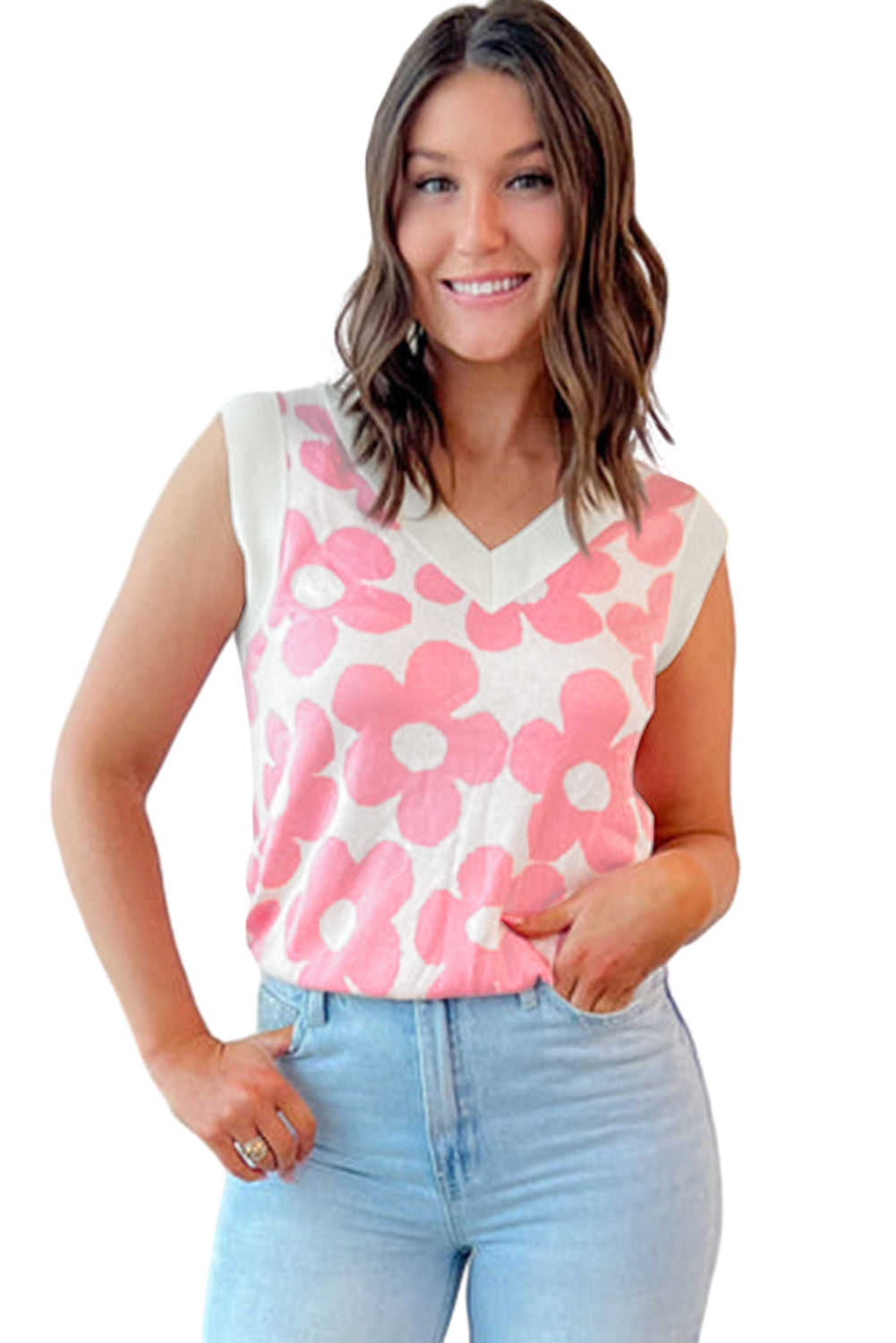 Pink Floral V-Neck Contrast Trim Knitted Vest