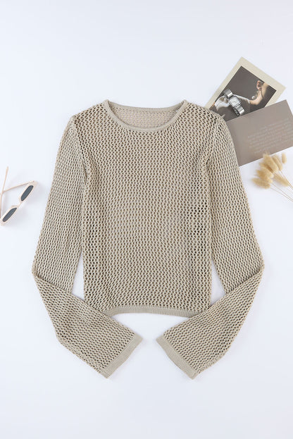 Khaki Solid Hollow-out Knit Long Sleeve Top