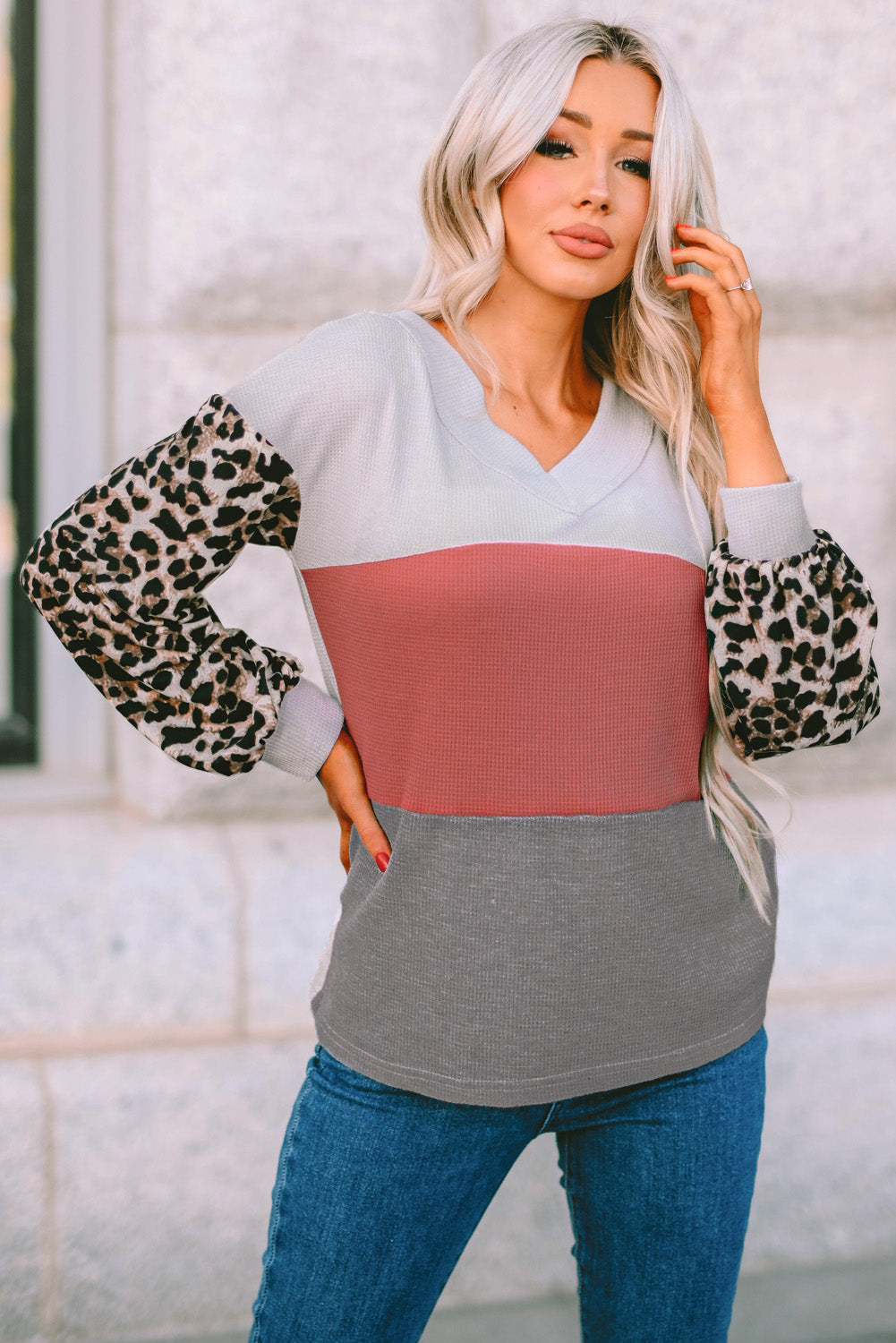 Leopard Print Color Block Waffle Knit Top