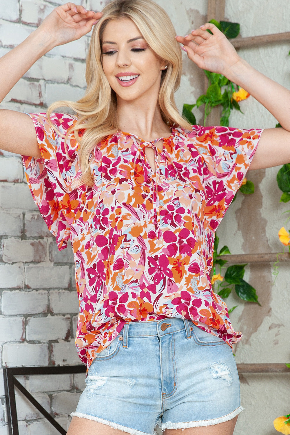 Red Floral Print Flutter Sleeves Short Sleeve Blouse