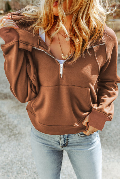 Pink Thumbhole Raglan Sleeve Half Zip Pullover Hoodie