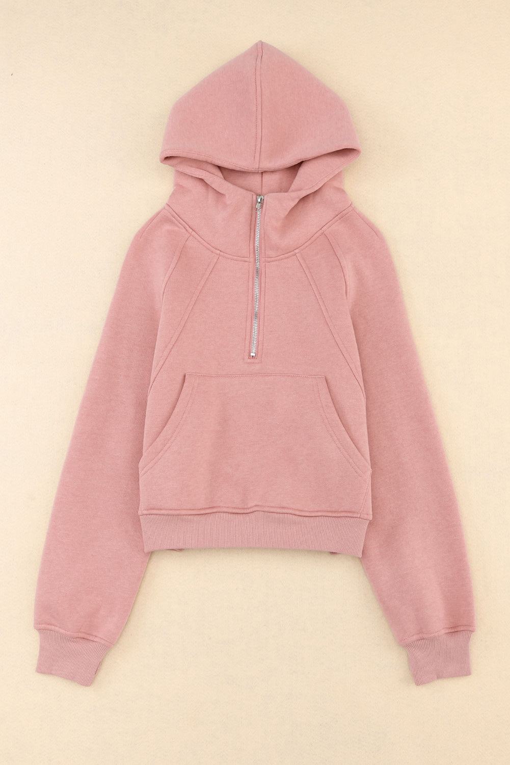 Pink Thumbhole Raglan Sleeve Half Zip Pullover Hoodie