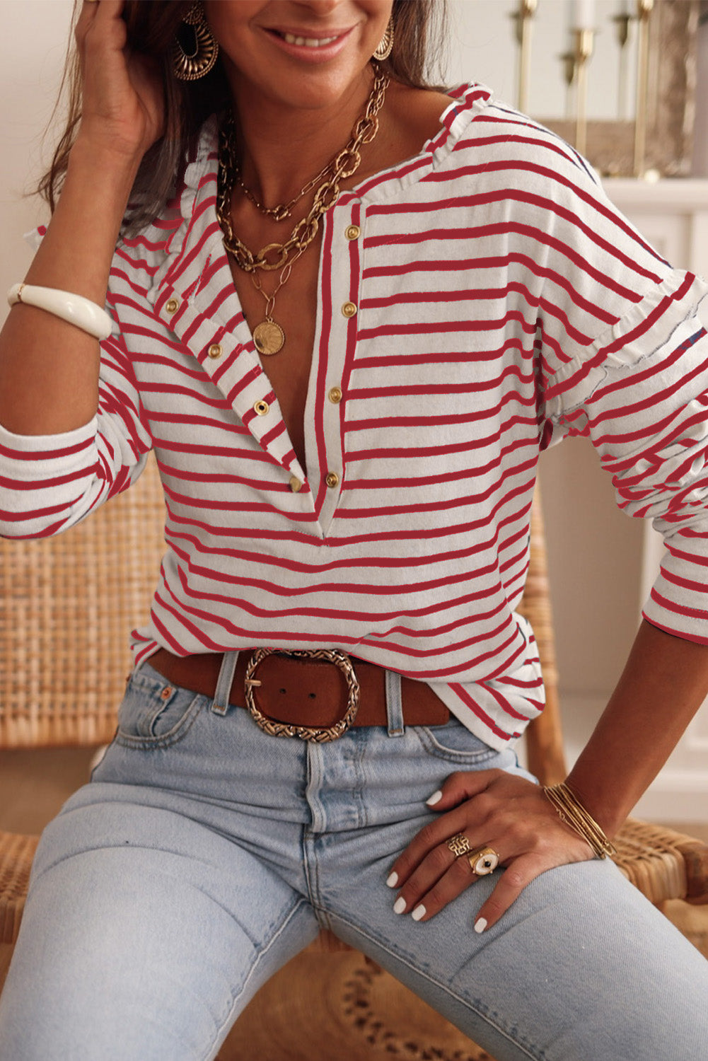 Red Striped Snap Button Frill Neck Long Sleeve Henley Shirt