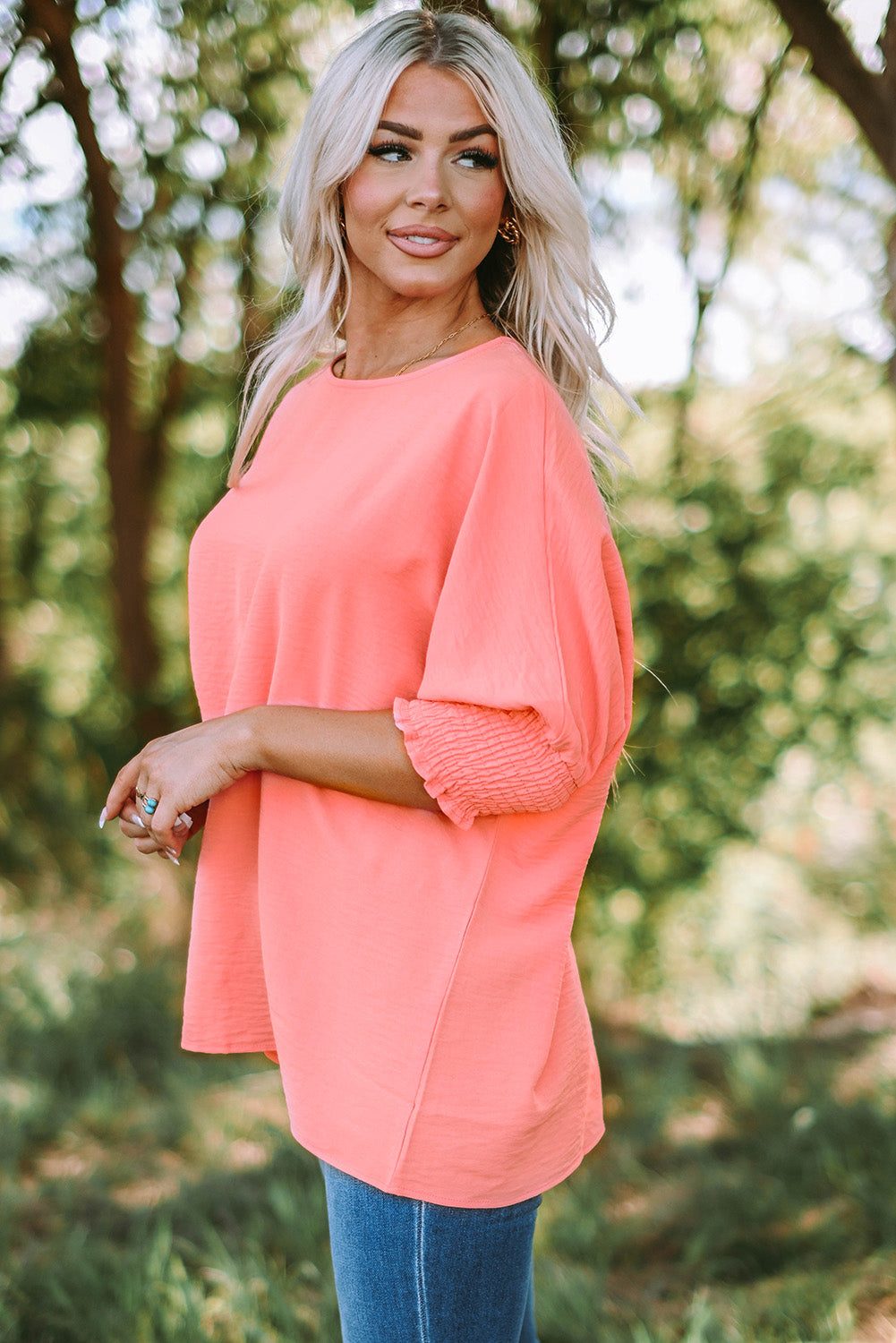 Pink Casual Shirred Cuffs Half Sleeve Top