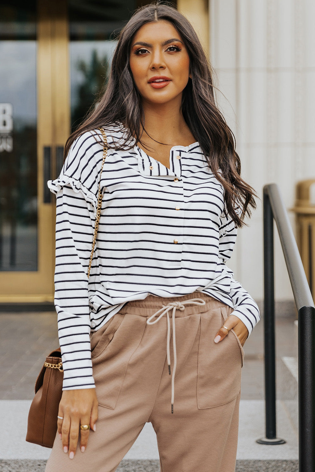 Red Striped Snap Button Frill Neck Long Sleeve Henley Shirt