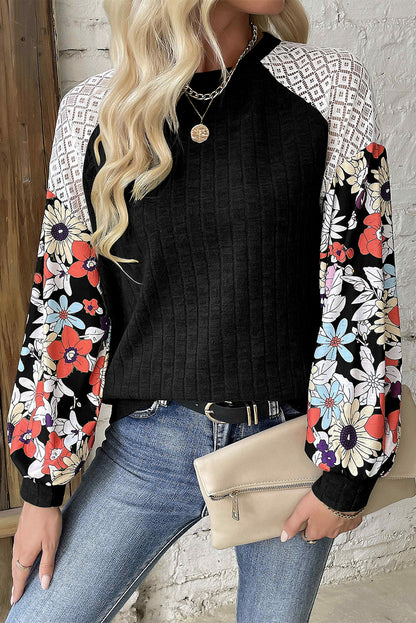 Black Floral Patchwork Raglan Sleeve Ribbed Top