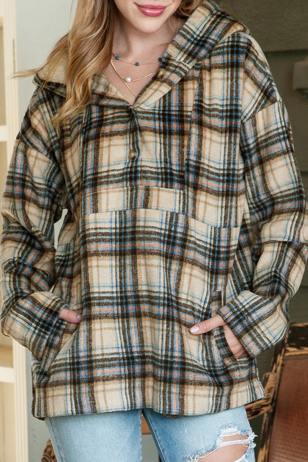 Khaki Plaid Button Neck Pocketed Pullover Hoodie