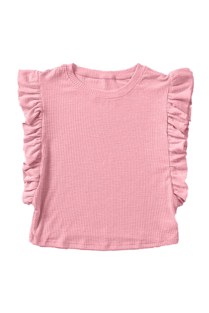 Pink Ruffle Sleeve Crewneck Ribbed Crop Top