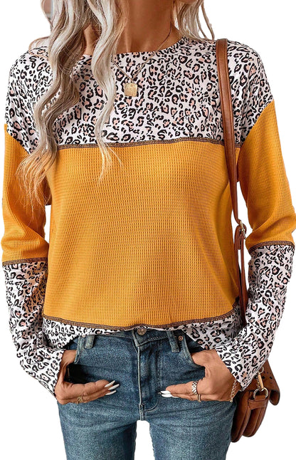 Light Pink Leopard Print Waffle Knit Patchwork Top