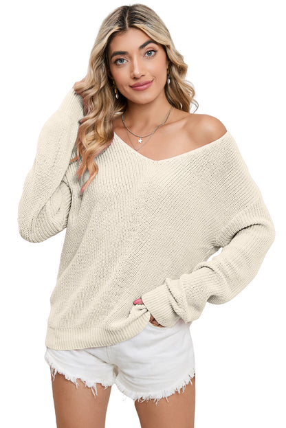 Beige Basic Ribbed Knit V Neck Sweater