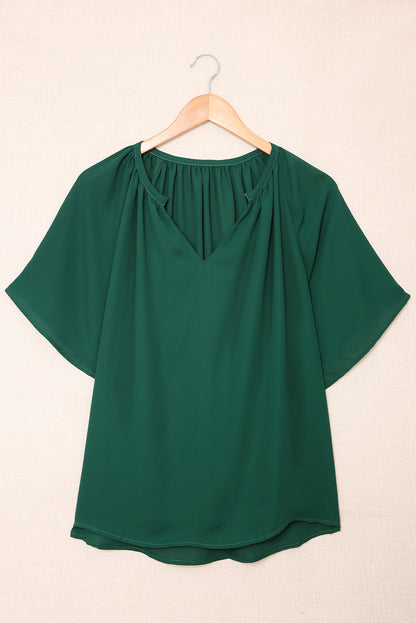 Green Casual Split Neck Pleated Loose Blouse