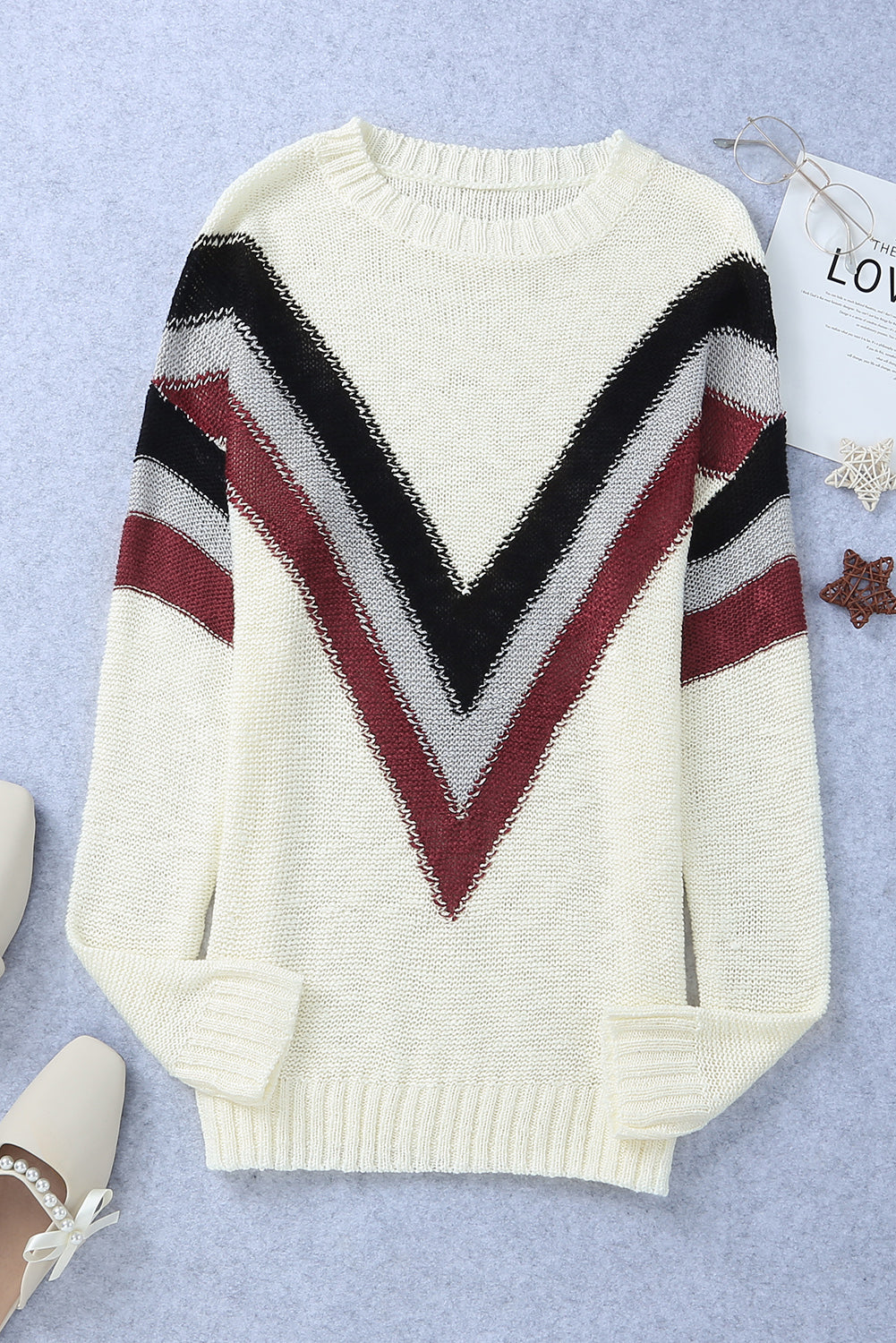 Chevron Striped Drop Shoulder Sweater