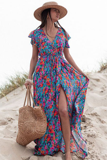 Blue Boho Floral Print V Neck Wrap Split Maxi Dress