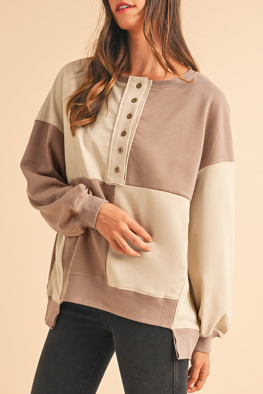 Parchment Colorblock Henley High Low Loose Sweatshirt