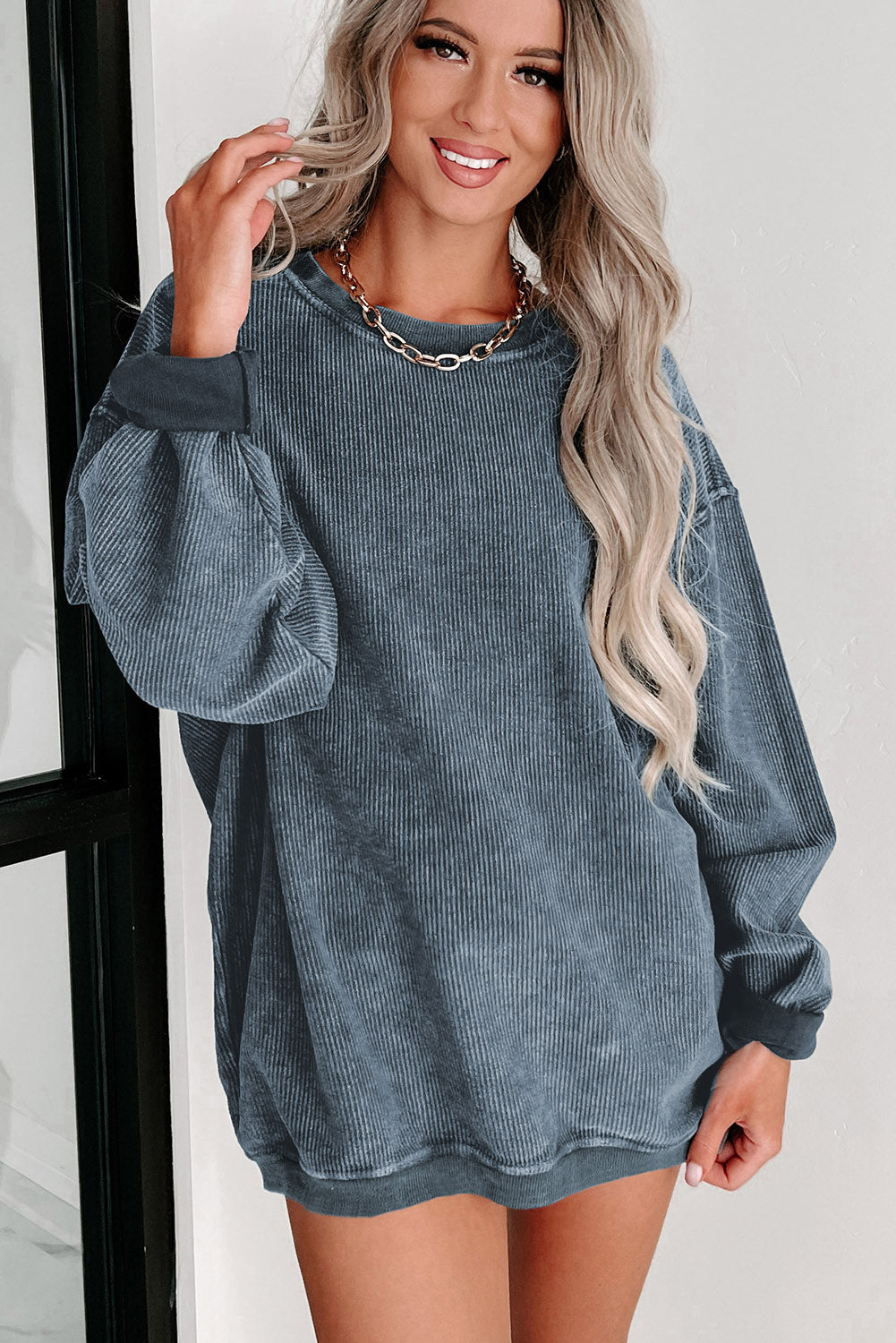 Pink Solid Ribbed Round Neck Pullover Sweatshirt