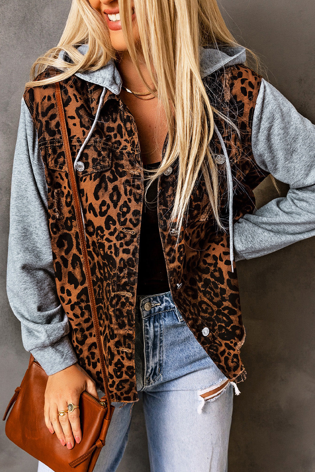 Cheetah Patchwork Ripped Raw Hem Jacket